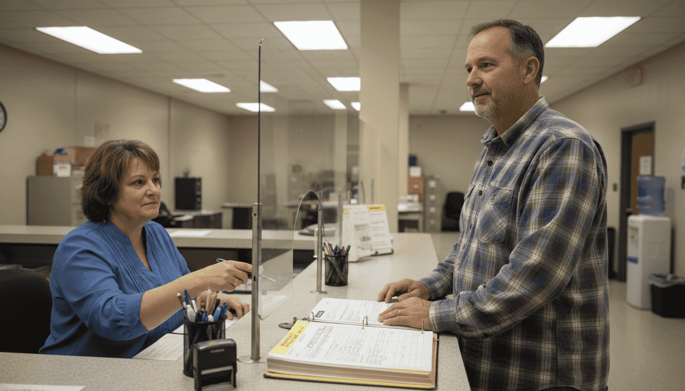 Applicant submitting building permit paperwork at counter
