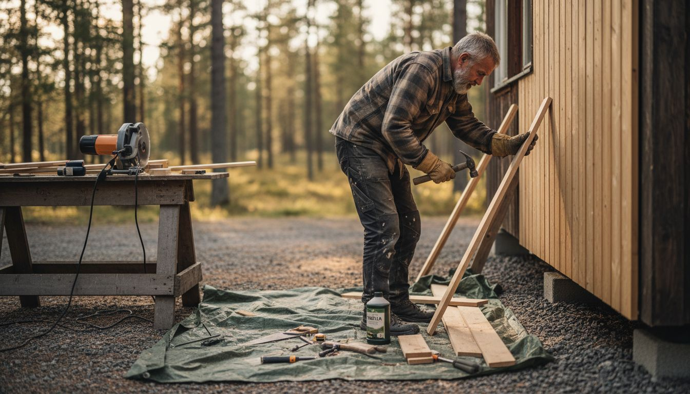 En snickare håller på och sätter upp träpanel utomhus.
