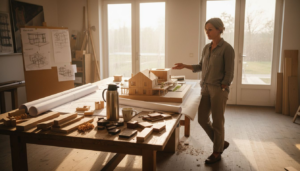 Ein Architekt begutachtet Entwürfe und Modelle für ein Holzhaus.