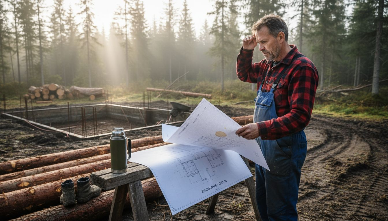 Byggmesteren går nøye gjennom tegningene på tomta der laftehytta skal reises.