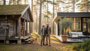 Couple in front of log cabin and villa exterior