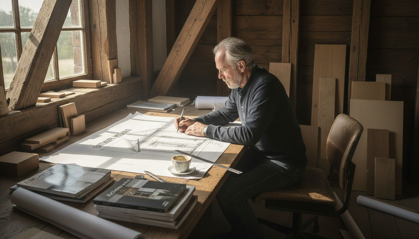 Ein Architekt begutachtet die Baupläne für ein Holzhaus.