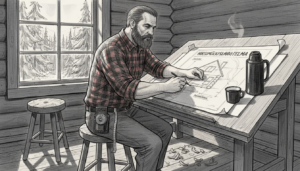 Mies luonnostelee hirsitalon pohjapiirrosta mökissä.