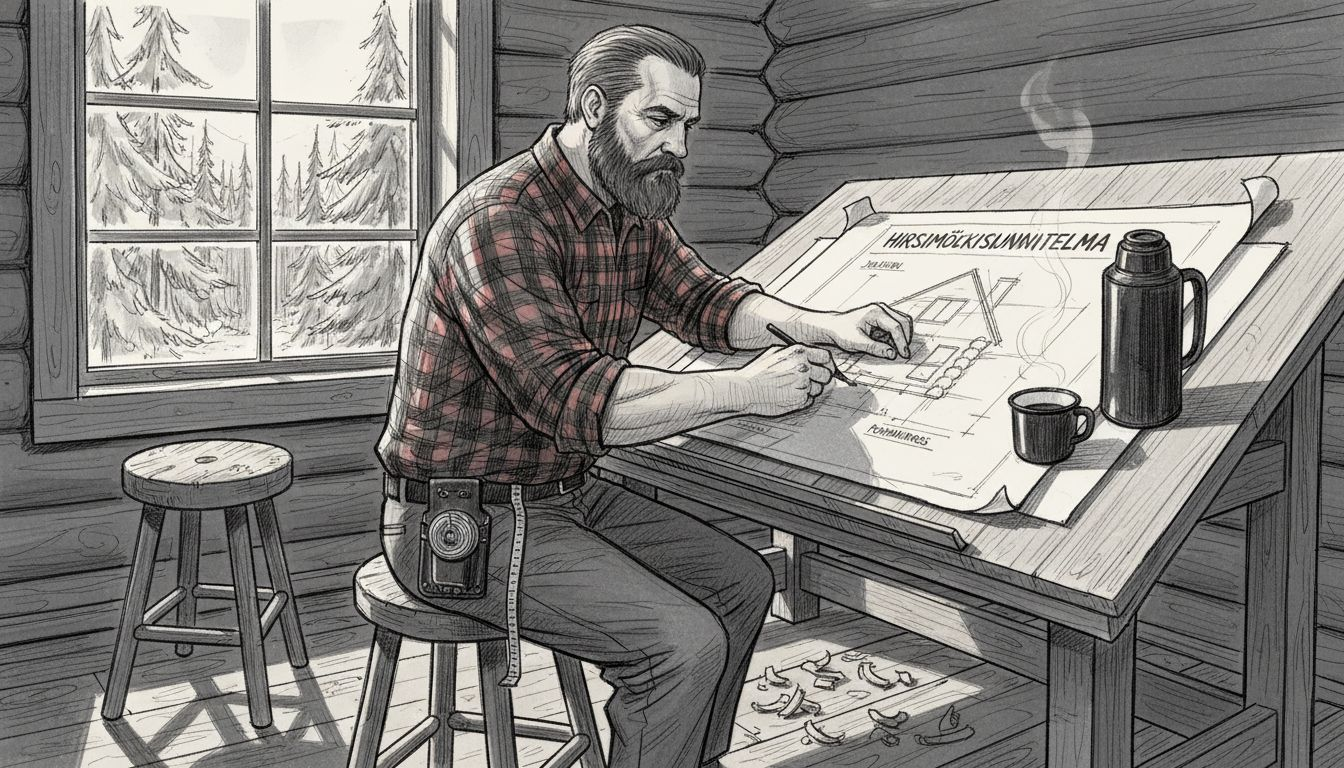 Mies luonnostelee hirsitalon pohjapiirrosta mökissä.
