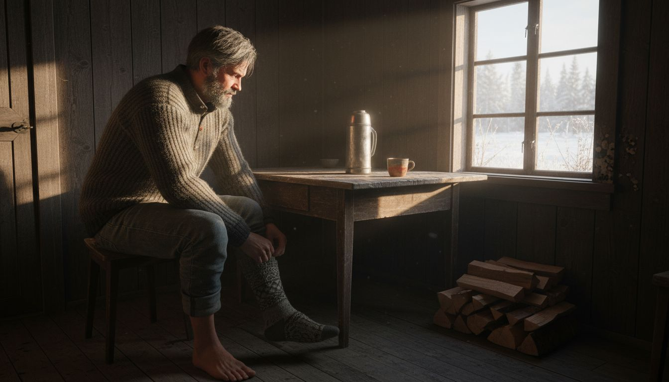 Mann våkner opp i trekkfull hytte en iskald morgen