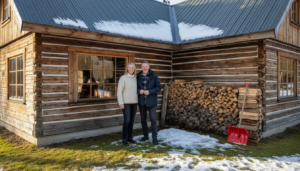 Log house exterior in mixed winter and spring setting