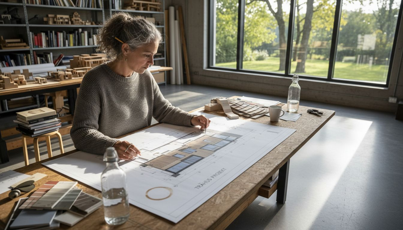 Arkitekten går igenom ritningarna inför det nya trähuset