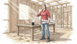 Arkkitehti tutkii piirustuksia keskeneräisessä puutalossa