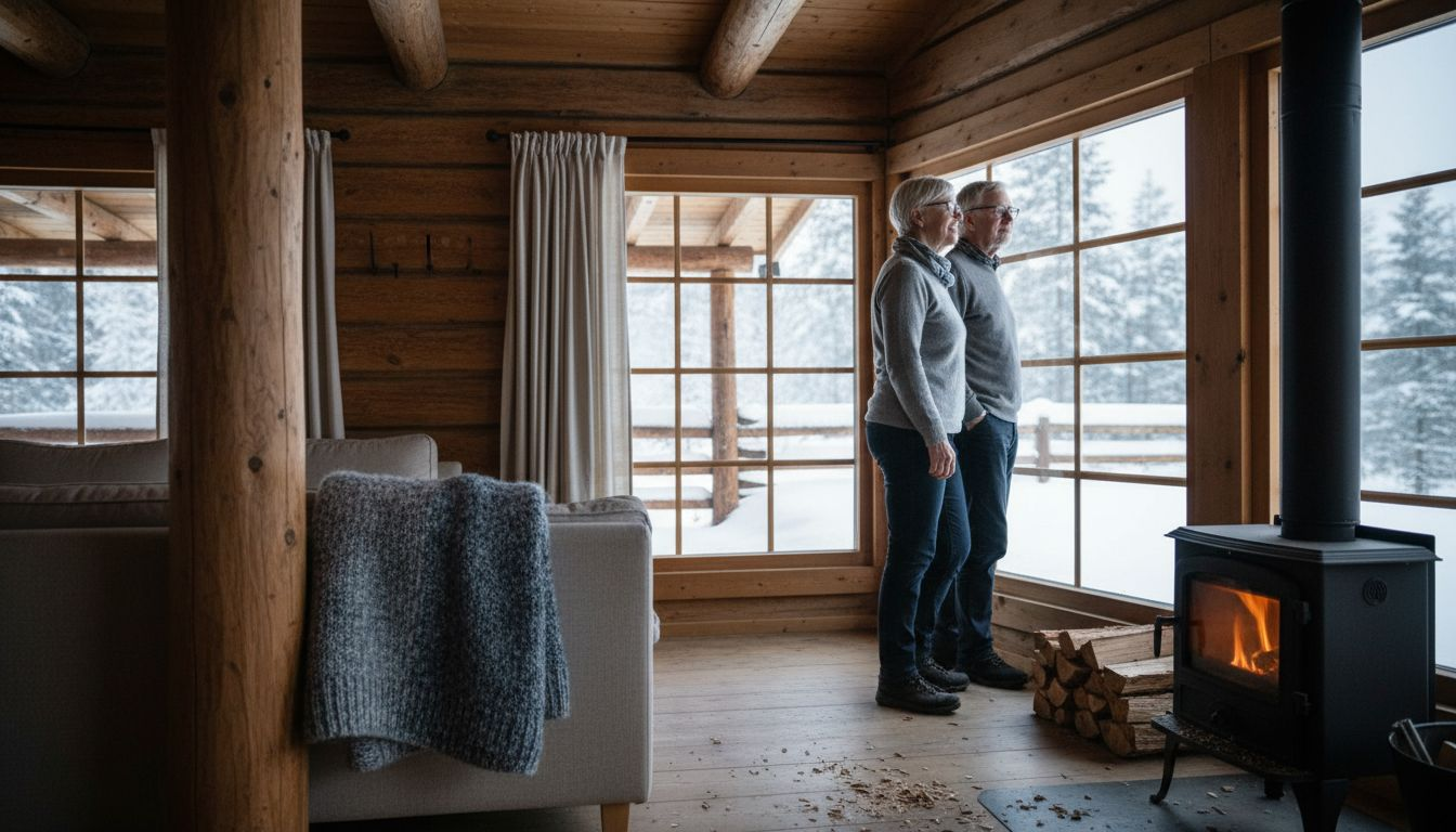 Ett äldre par njuter av vintern i sitt energisnåla sommarhus