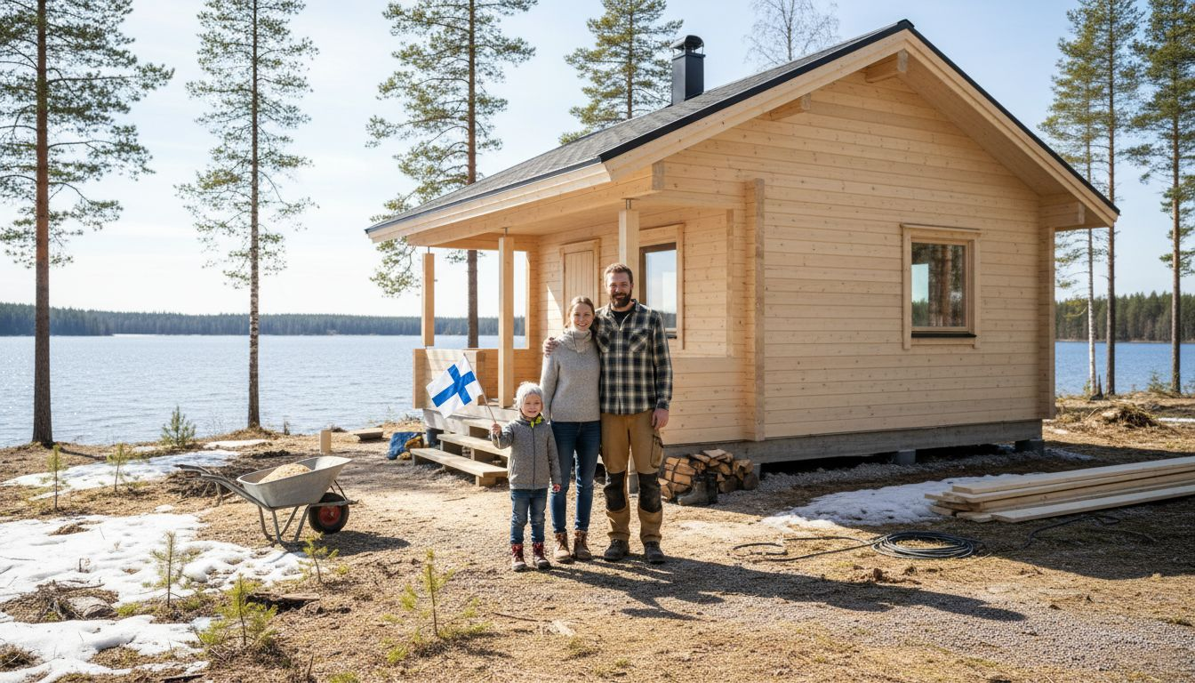 Family in front of new Finnish timber cottage
