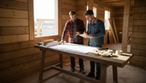 Zwei Handwerker tauschen sich drinnen über den Bau eines Holzhauses aus.