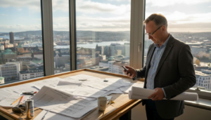 En arkitekt ser nøye gjennom byggeplanene på et lyst og moderne kontor.