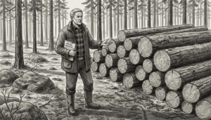 Mies tarkastelee tukkeja metsän laidalla.