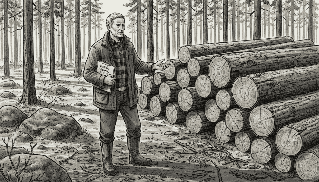 Mies tarkastelee tukkeja metsän laidalla.