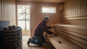 Builder installing wood paneling in sauna interior