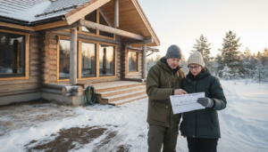 Et finsk par ser over strømavtalene sine utenfor det nye huset sitt.