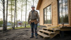 Byggarbetare i arbete utanför ett traditionellt finskt trähus