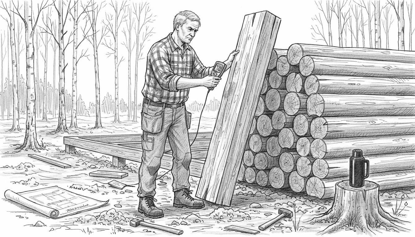 Timpuri tarkastamassa rakennustyömaan tukkeja