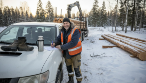 Snickarna tar emot en leverans med byggtimmer på arbetsplatsen.
