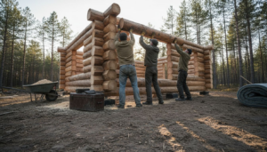 En arbeidsgruppe er i gang med å sette opp et tømmerhus der de bruker kraftige, solide stokker.
