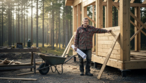 Ein finnischer Zimmermann arbeitet an einer Holzkonstruktion mitten im Wald.