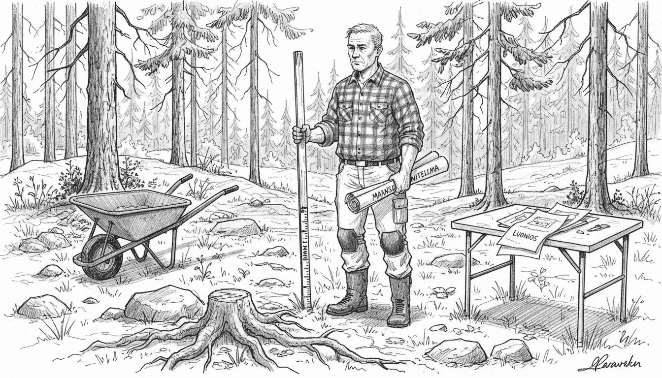 Mies tarkastelee hirsimökin rakennustyömaata.