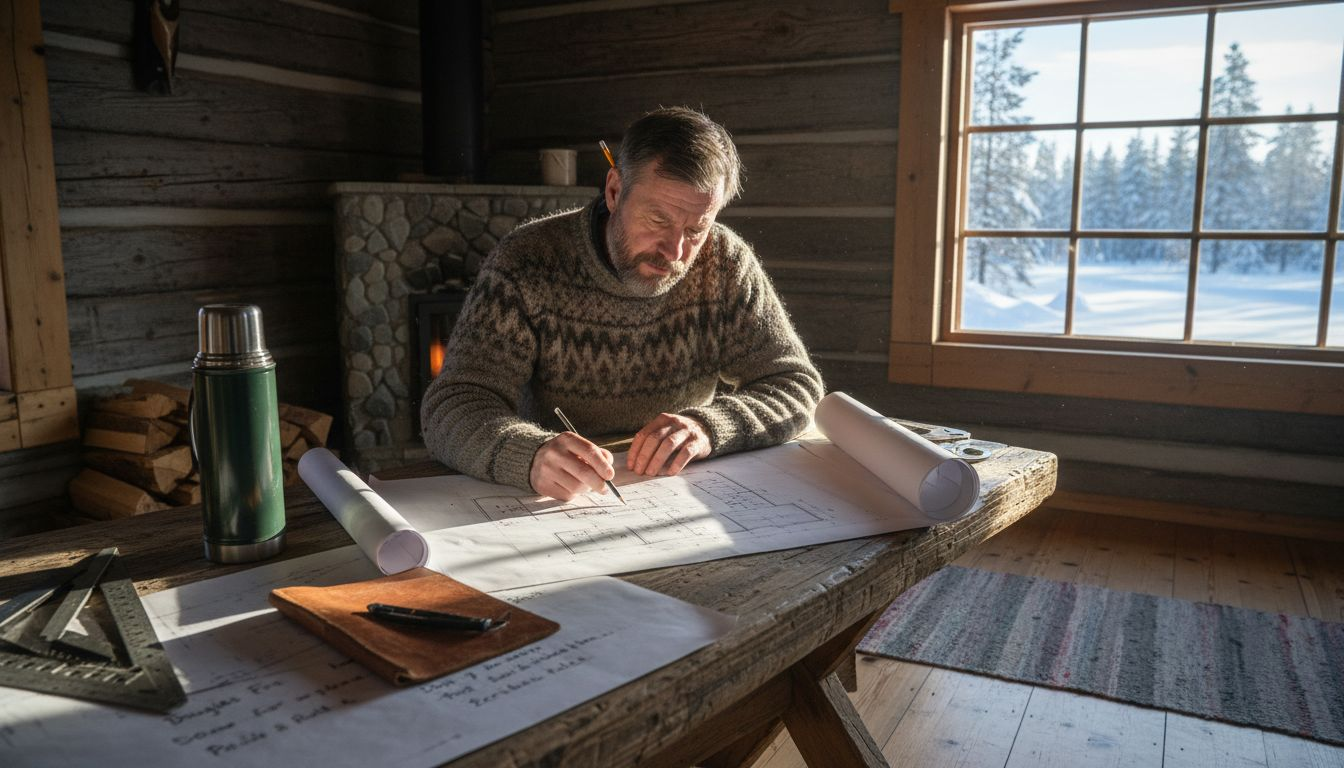 Architect reviewing blueprints in timber home