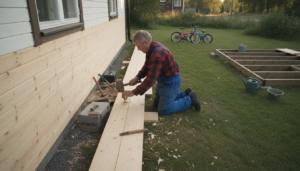 Snekker gjør siste hånd på verket med nytt tilbygg i tre på finsk tømmerhus