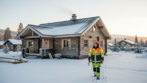 Finnish wooden home exterior with builder in snow