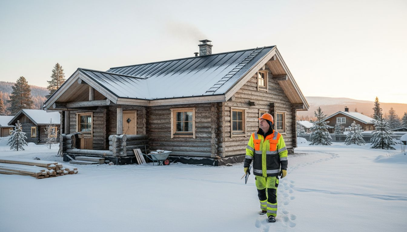 Finnish wooden home exterior with builder in snow