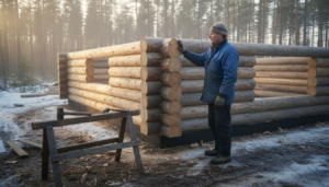 En snekker inspiserer byggingen av en finsk laftehytte.