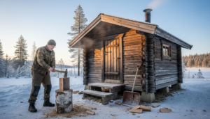 Någon står ute i snön och hugger ved till bastun.