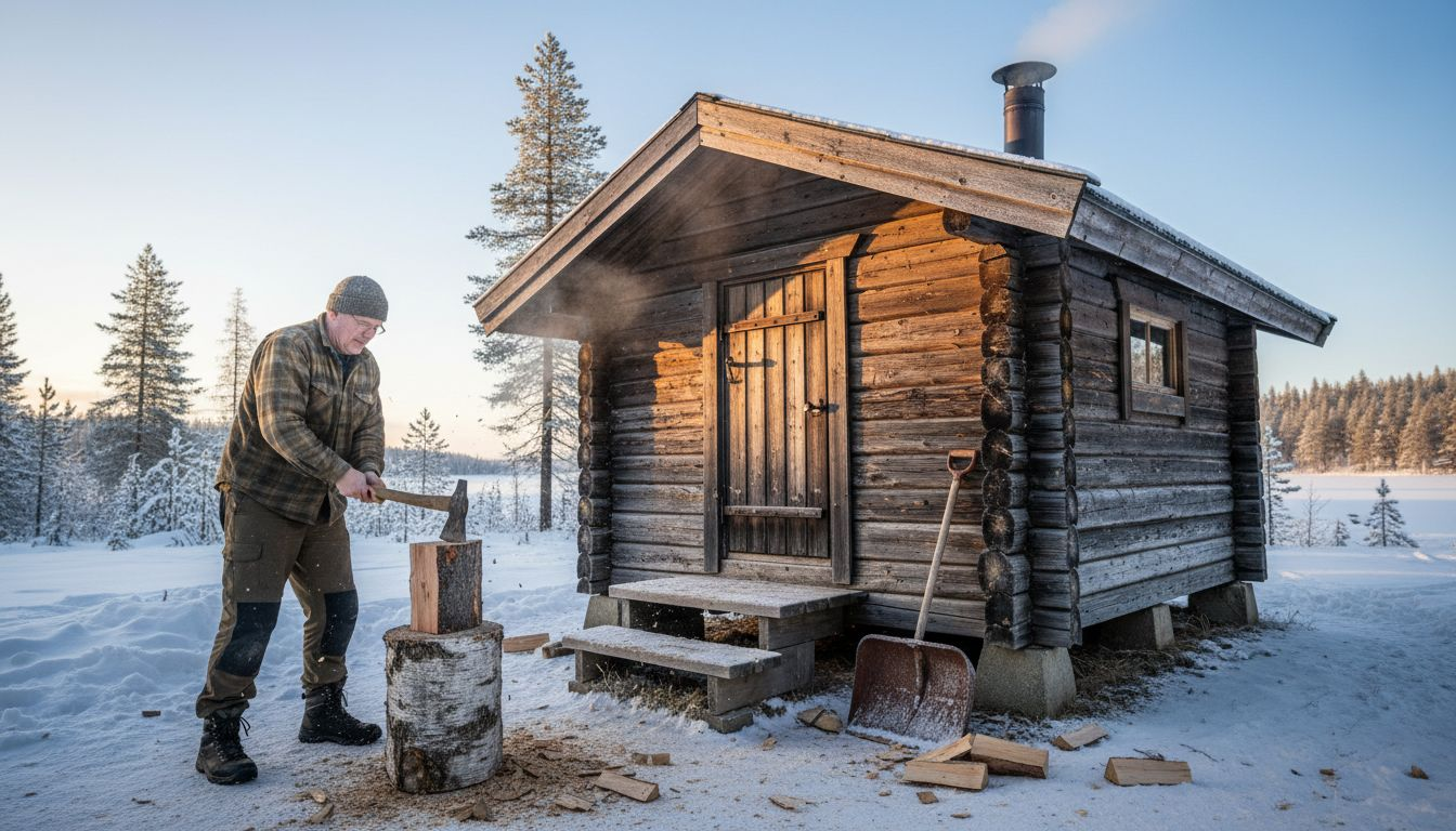 Någon står ute i snön och hugger ved till bastun.
