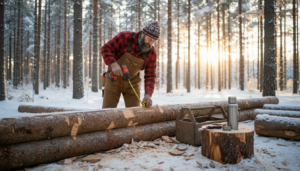 Carpenter building timber cabin in Finnish forest