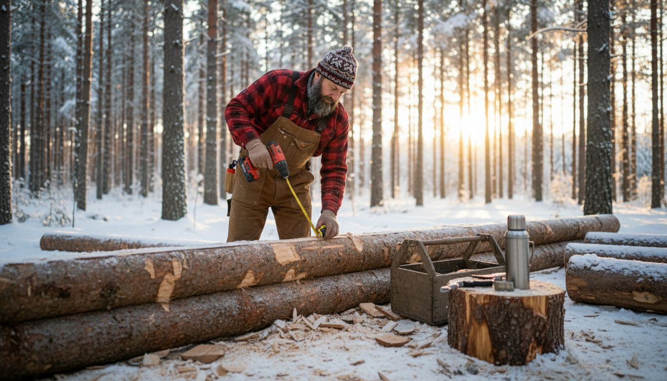 Carpenter building timber cabin in Finnish forest