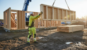 Montering av färdiga träelement på byggarbetsplatsen