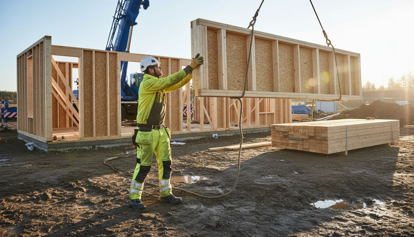 Montering av färdiga träelement på byggarbetsplatsen