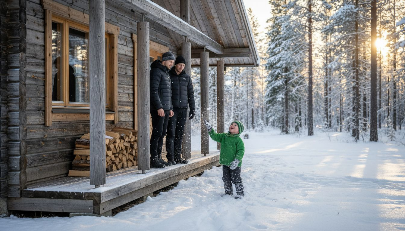 Eine Familie steht im verschneiten finnischen Winter vor ihrem Haus aus massivem Holz.