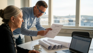 Prosjektleder går gjennom pristilbudet sammen med kunden.