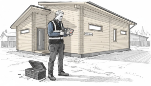 Insinööri tarkastamassa energiatehokasta puutaloa