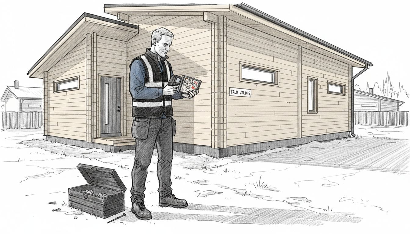 Insinööri tarkastamassa energiatehokasta puutaloa