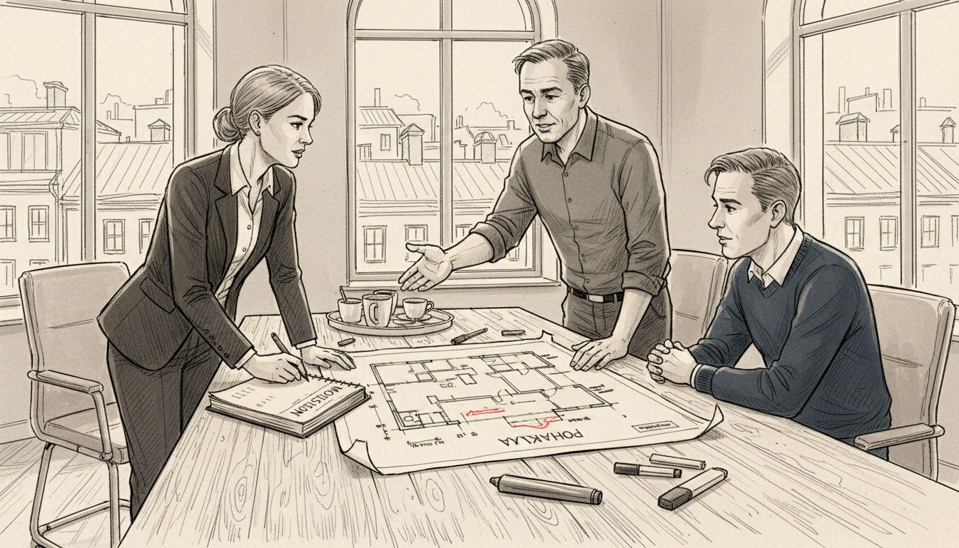 Projektitiimi käy läpi rakennussuunnitelmia pöydän ääressä