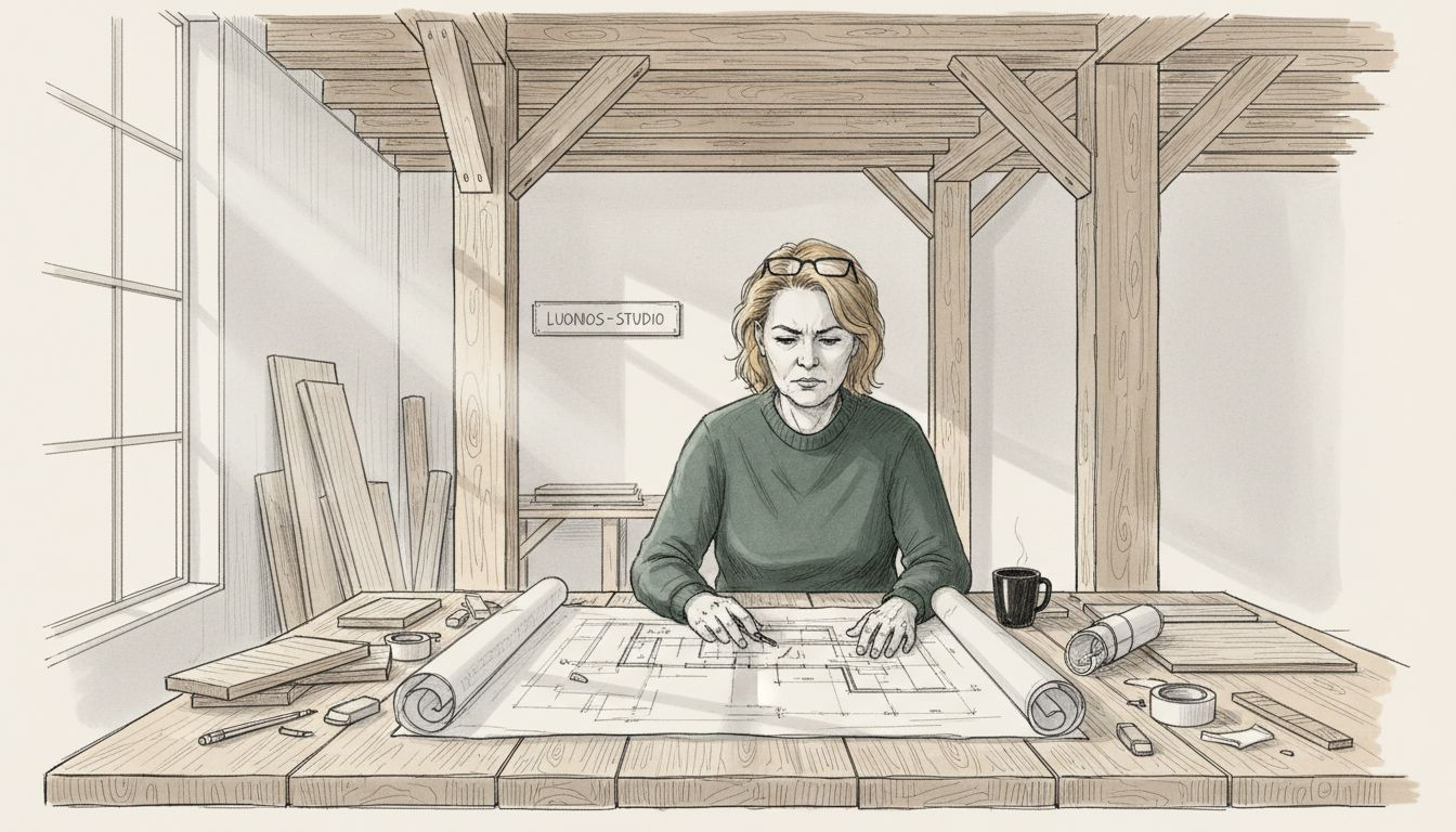 Arkkitehti käy läpi suunnitelmiaan puuverstaalla.