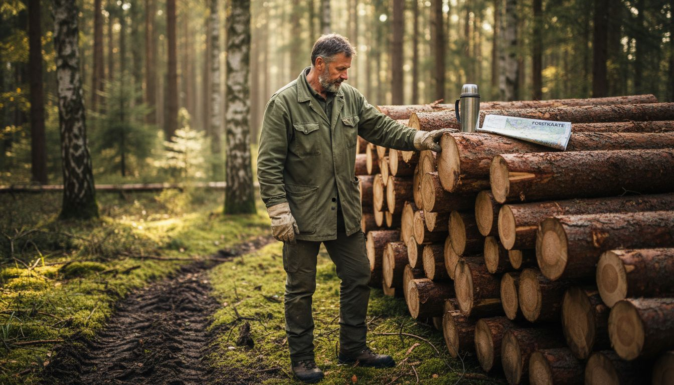 Ein Förster begutachtet gefällte Baumstämme im finnischen Wald.