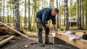 Builder measuring timber on sauna site