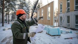 En snekker setter opp veggelementer til et ferdighus på byggeplassen.