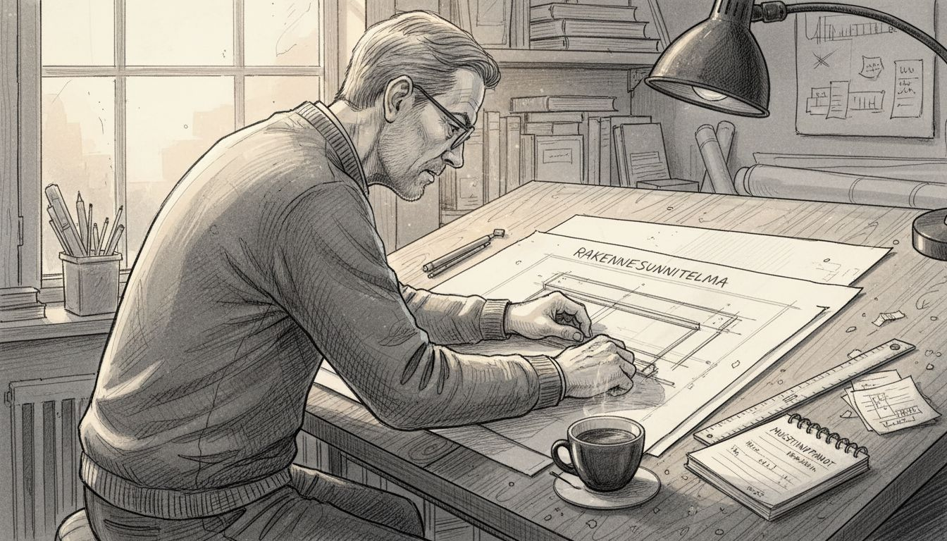 Rakennesuunnittelija työskentelee vanhan puurakenteisen piirustuspöydän äärellä.