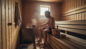 En mann sitter i en finsk badstue og heller vann på de glovarme steinene for å få skikkelig damp.