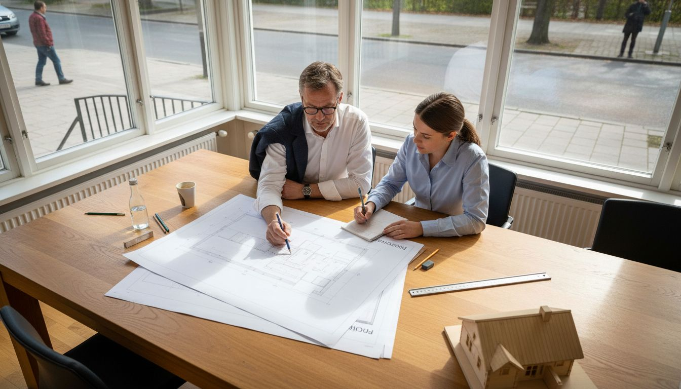 Arkitekten och kunden går tillsammans igenom ritningarna för träbygget.