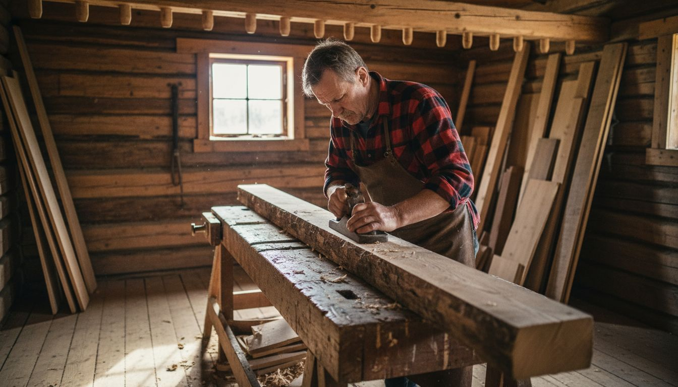 Finnish craftsman planing timber in rustic workshop